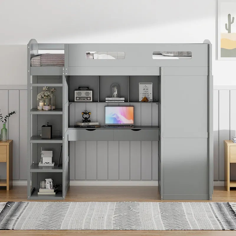 Lit mezzanine avec bureau, armoires, 4 tiroirs et 4 étagères