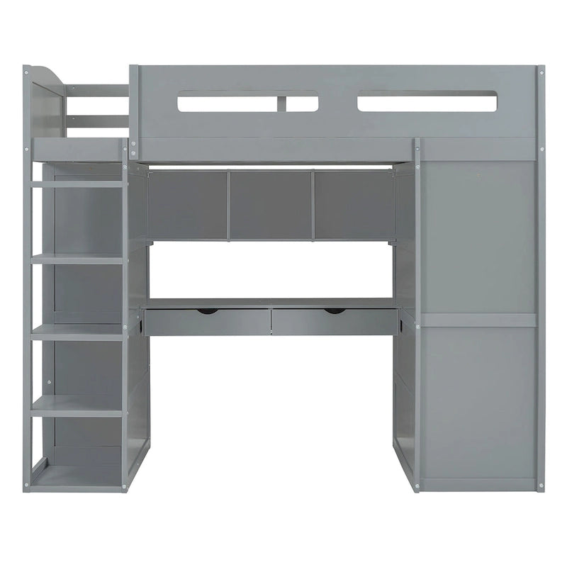 Lit mezzanine avec bureau, armoires, 4 tiroirs et 4 étagères