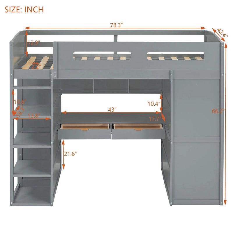 Lit mezzanine avec bureau, armoires, 4 tiroirs et 4 étagères