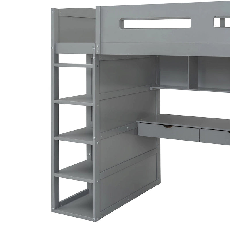 Lit mezzanine avec bureau, armoires, 4 tiroirs et 4 étagères