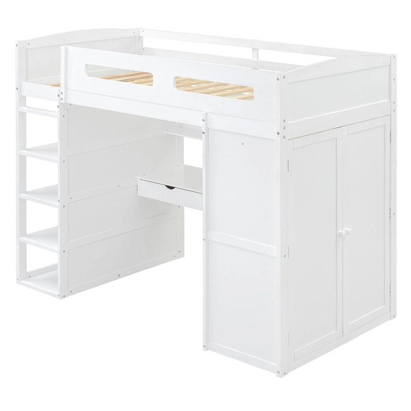 Lit mezzanine avec bureau, armoires, 4 tiroirs et 4 étagères