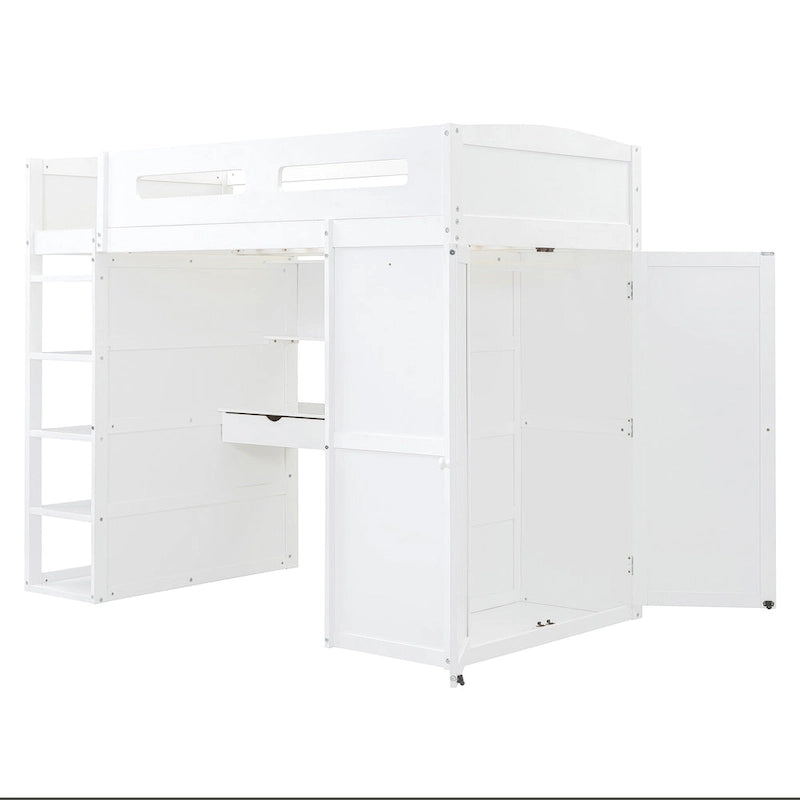 Lit mezzanine avec bureau, armoires, 4 tiroirs et 4 étagères