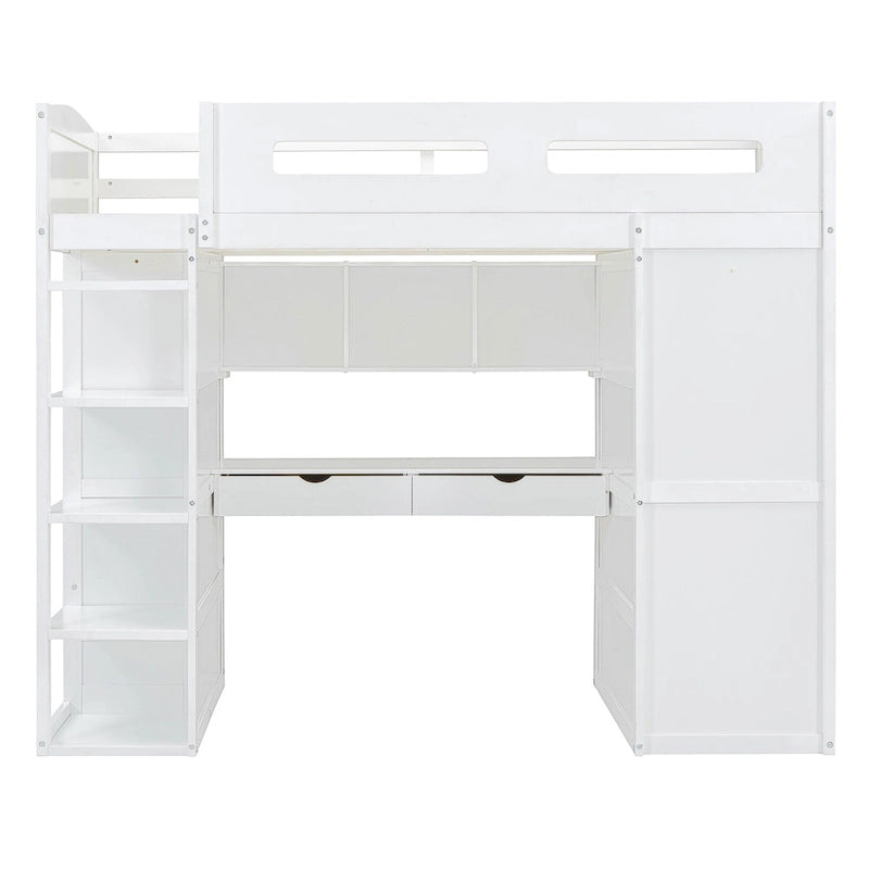 Lit mezzanine avec bureau, armoires, 4 tiroirs et 4 étagères