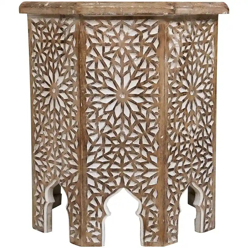 Table d'appoint octogonale noyer brun et blanc brossé