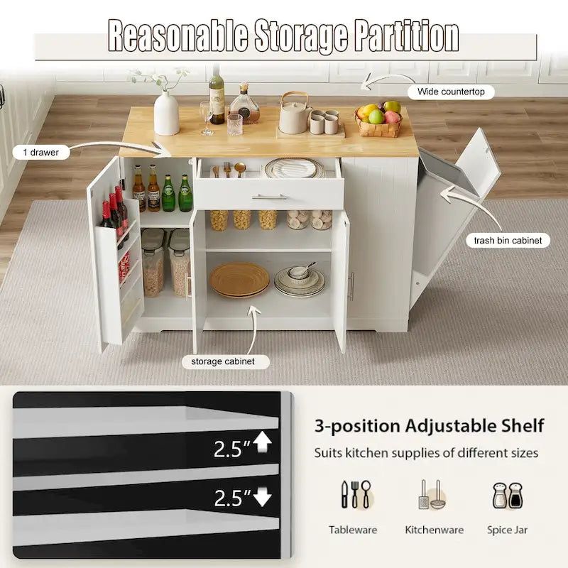 Grand îlot de cuisine avec meuble de rangement pour poubelle (tabouret non inclus)