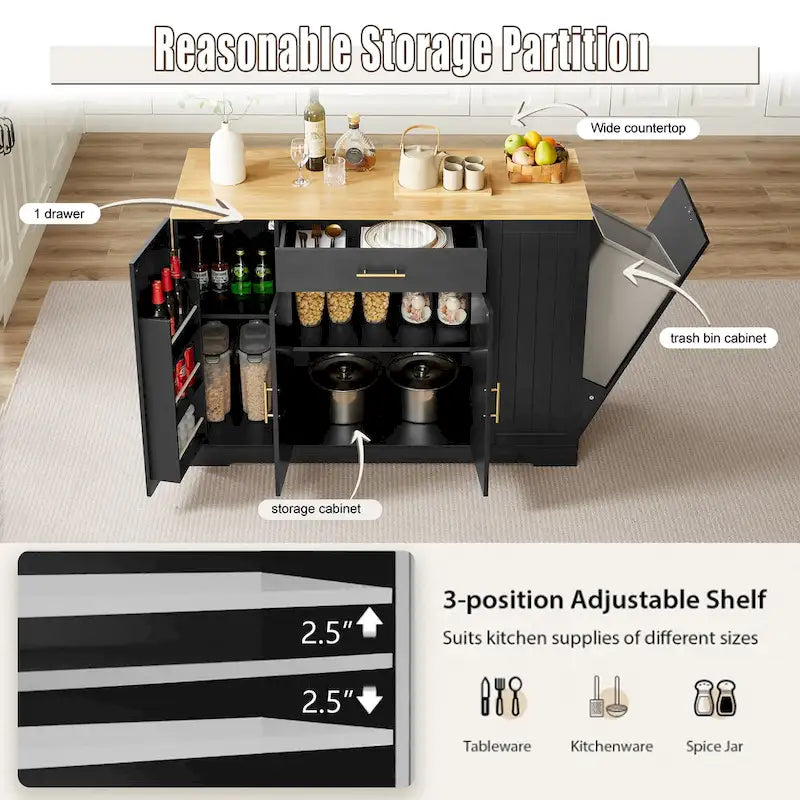 Grand îlot de cuisine avec meuble de rangement pour poubelle (tabouret non inclus)