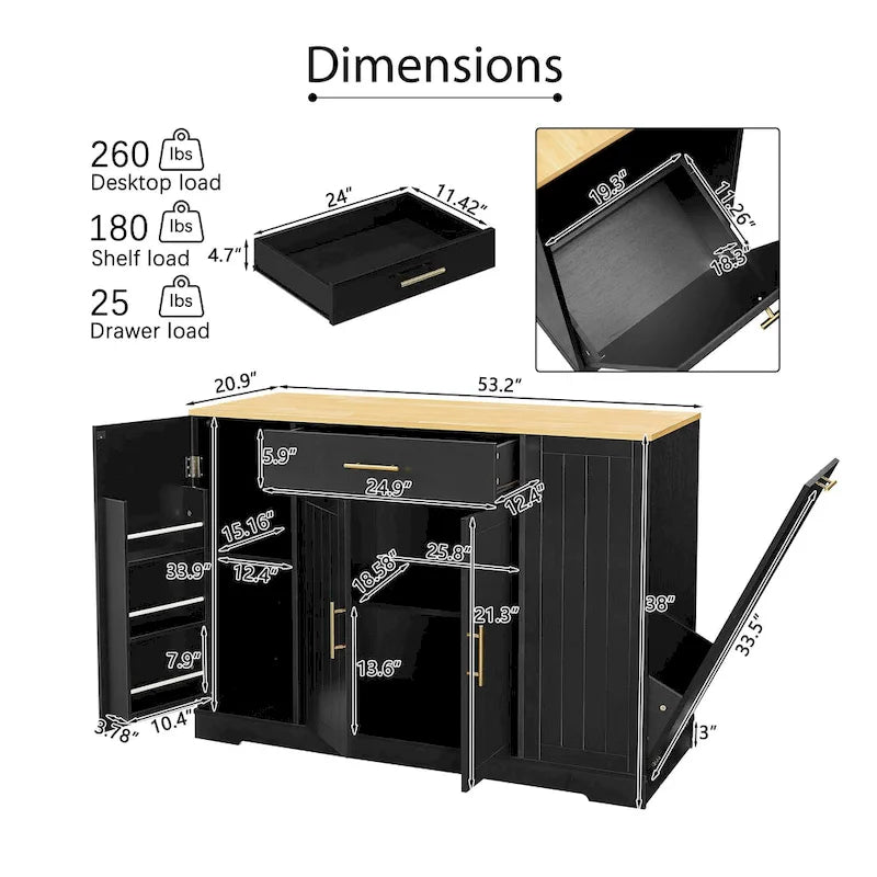 Grand îlot de cuisine avec meuble de rangement pour poubelle (tabouret non inclus)