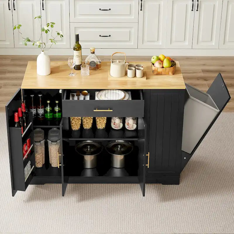 Grand îlot de cuisine avec meuble de rangement pour poubelle (tabouret non inclus)