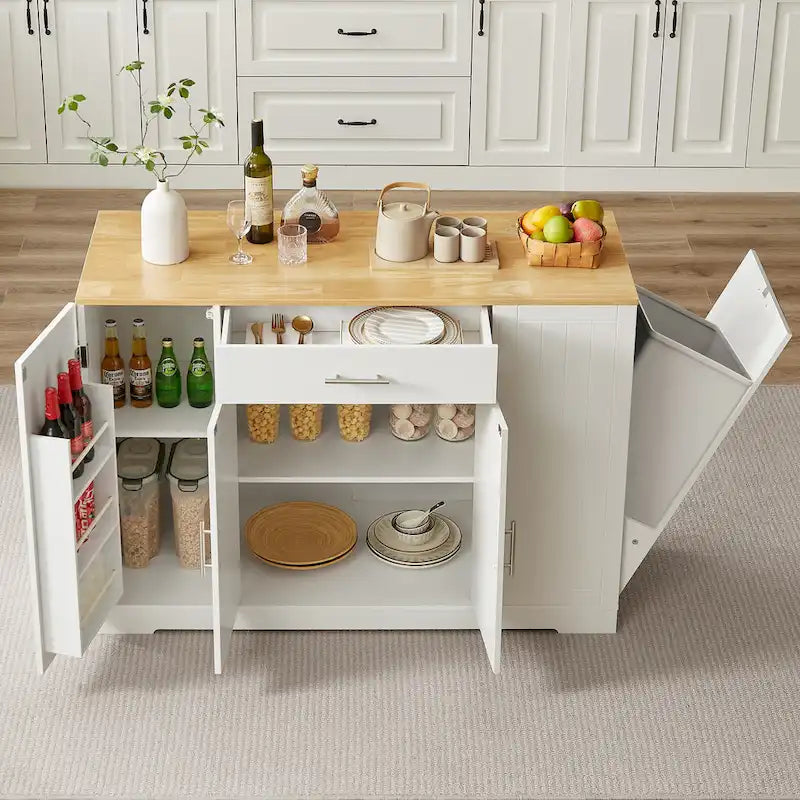 Grand îlot de cuisine avec meuble de rangement pour poubelle (tabouret non inclus)