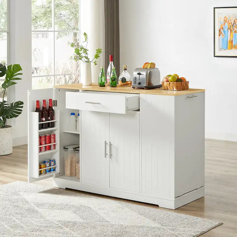 Grand îlot de cuisine avec meuble de rangement pour poubelle (tabouret non inclus)