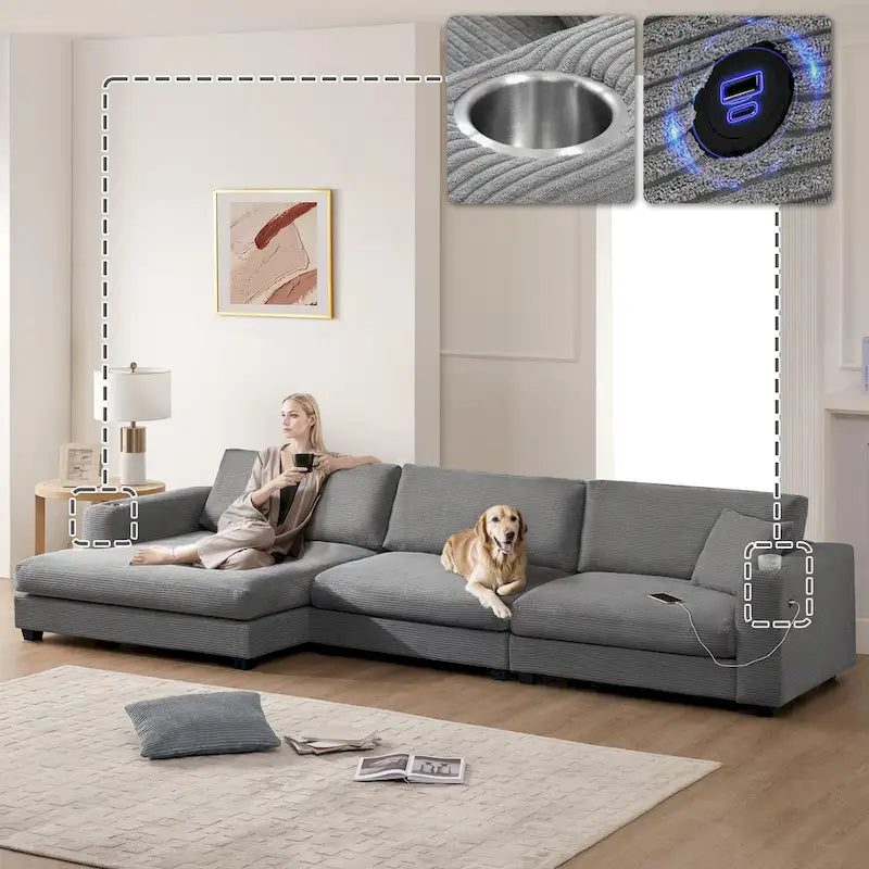 Canapé d'angle en velours côtelé avec port USB, méridienne et porte-gobelet