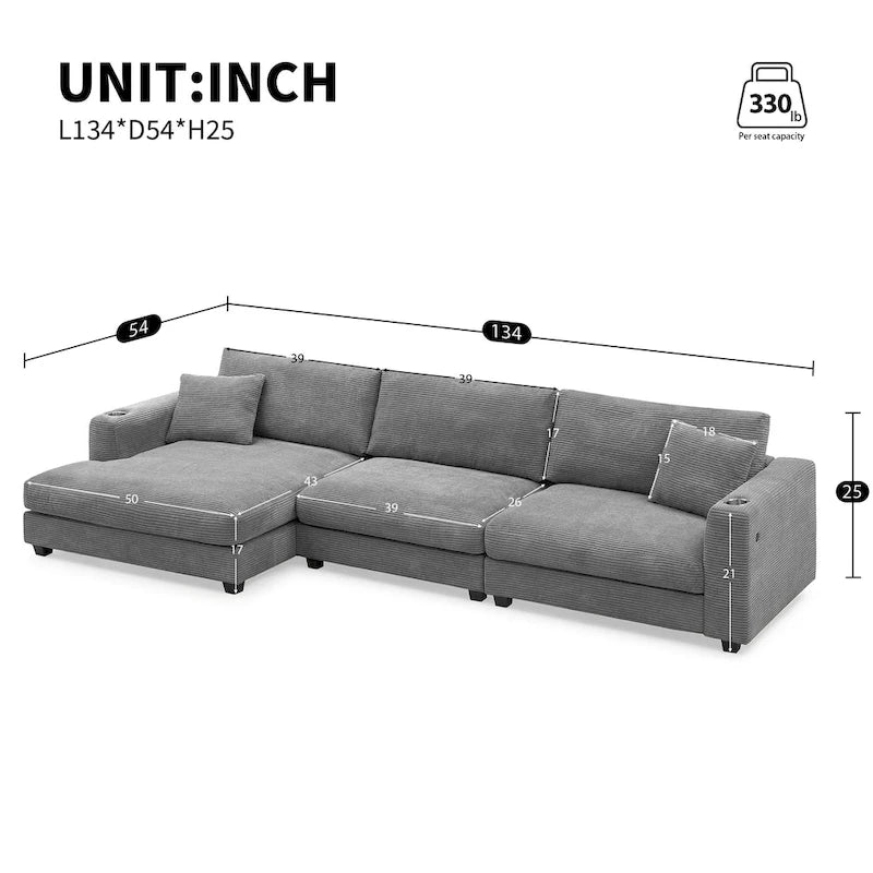Canapé d'angle en velours côtelé avec port USB, méridienne et porte-gobelet