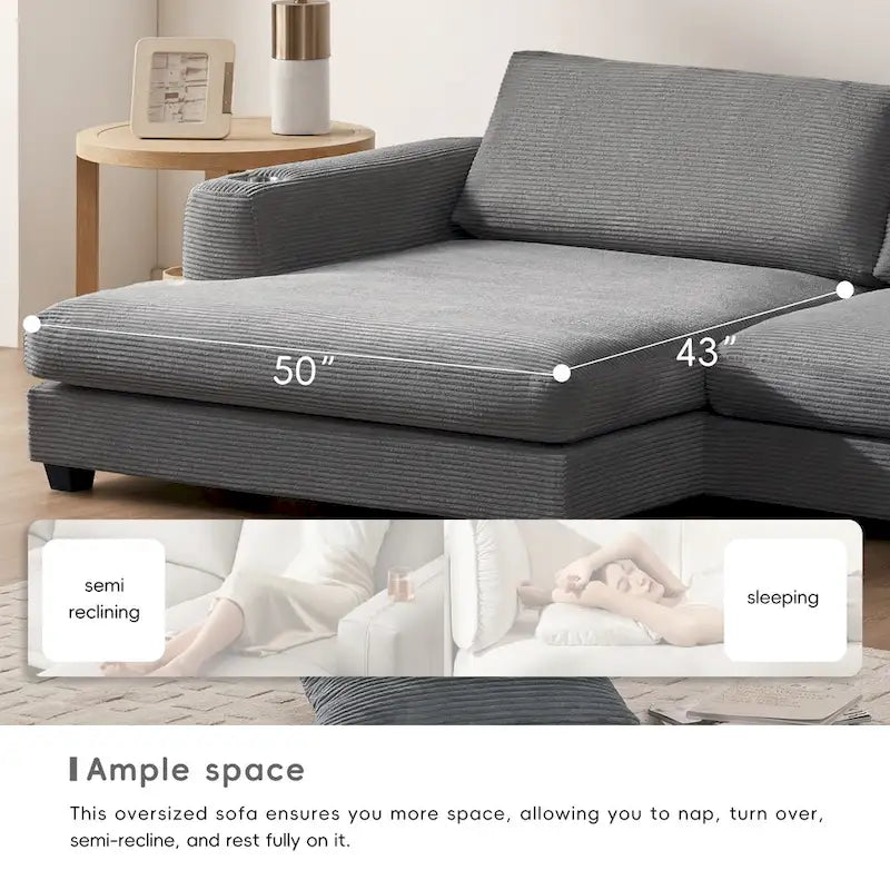 Canapé d'angle en velours côtelé avec port USB, méridienne et porte-gobelet