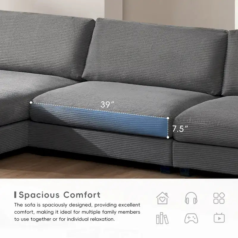Canapé d'angle en velours côtelé avec port USB, méridienne et porte-gobelet