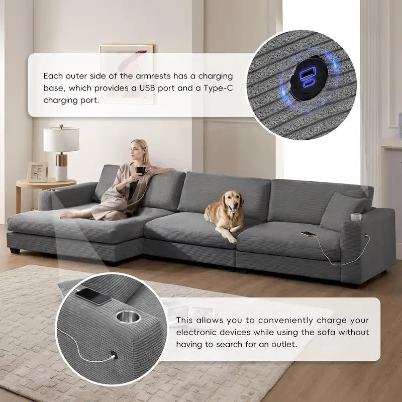 Canapé d'angle en velours côtelé avec port USB, méridienne et porte-gobelet