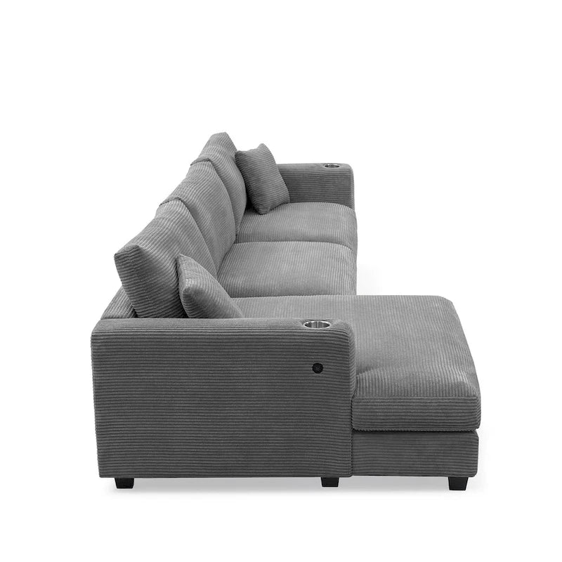 Canapé d'angle en velours côtelé avec port USB, méridienne et porte-gobelet