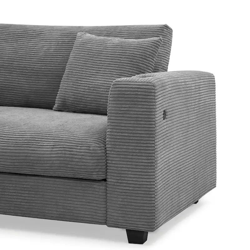 Canapé d'angle en velours côtelé avec port USB, méridienne et porte-gobelet
