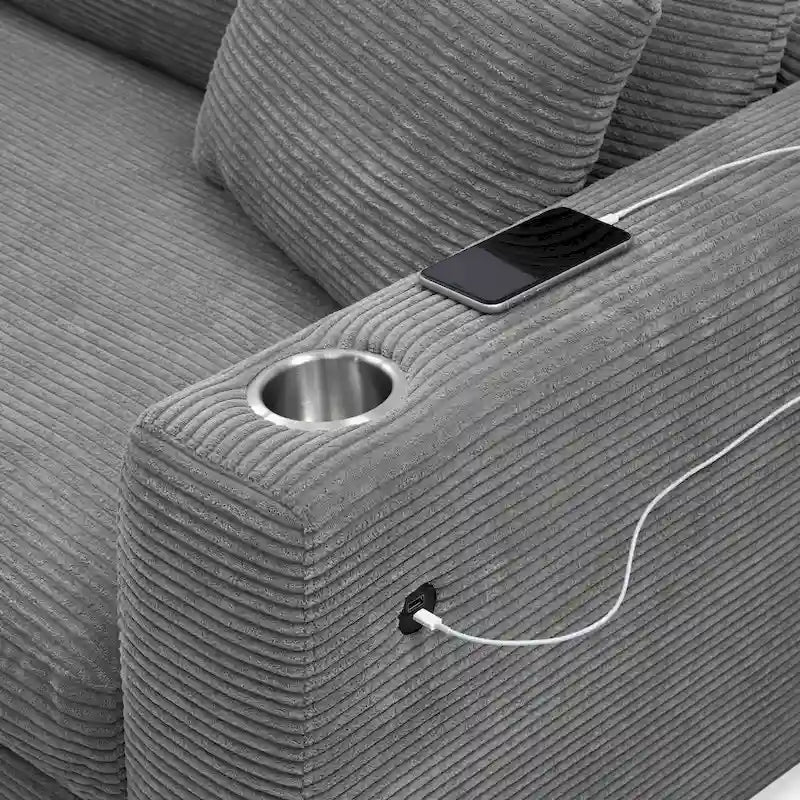 Canapé d'angle en velours côtelé avec port USB, méridienne et porte-gobelet