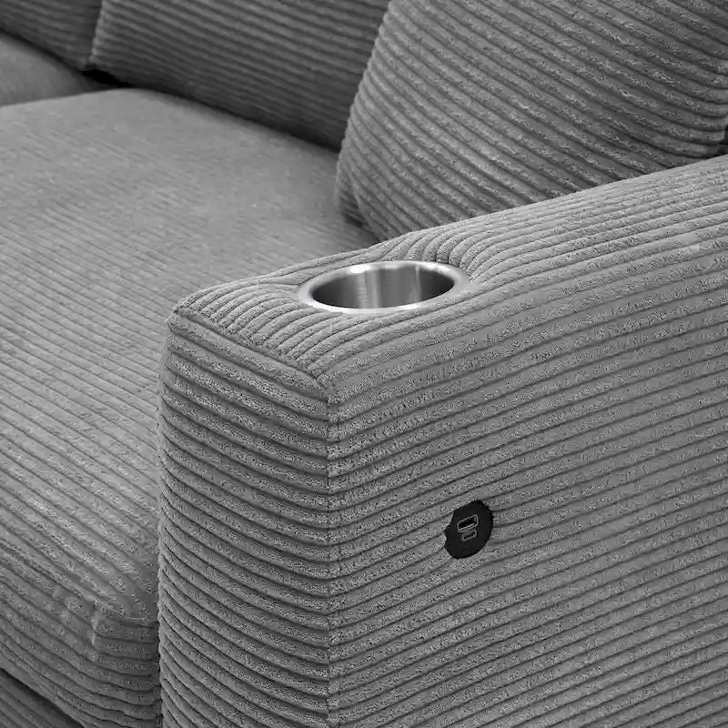 Canapé d'angle en velours côtelé avec port USB, méridienne et porte-gobelet