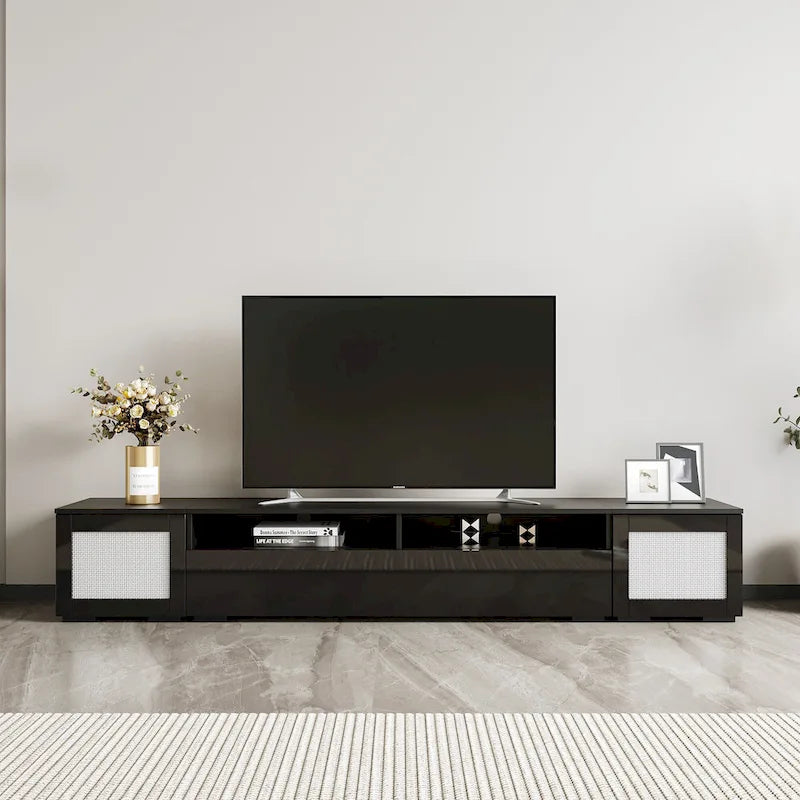 Meuble TV noir avec portes à ouverture par pression et éclairage LED