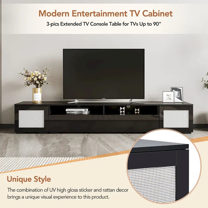 Meuble TV noir avec portes à ouverture par pression et éclairage LED