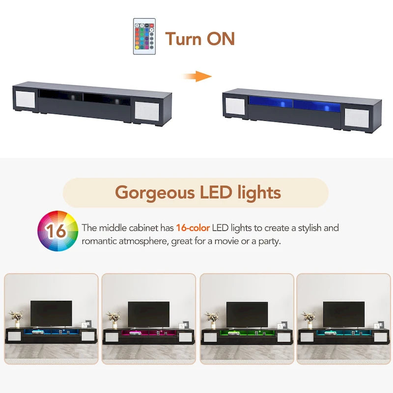 Meuble TV noir avec portes à ouverture par pression et éclairage LED