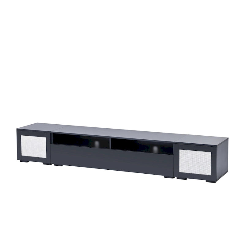 Meuble TV noir avec portes à ouverture par pression et éclairage LED