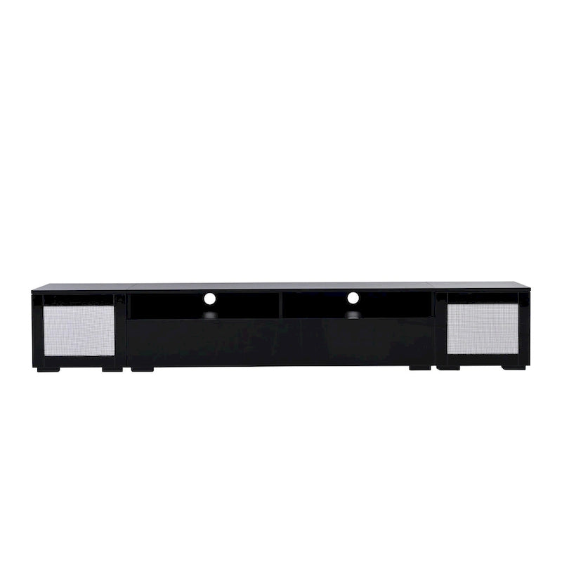 Meuble TV noir avec portes à ouverture par pression et éclairage LED