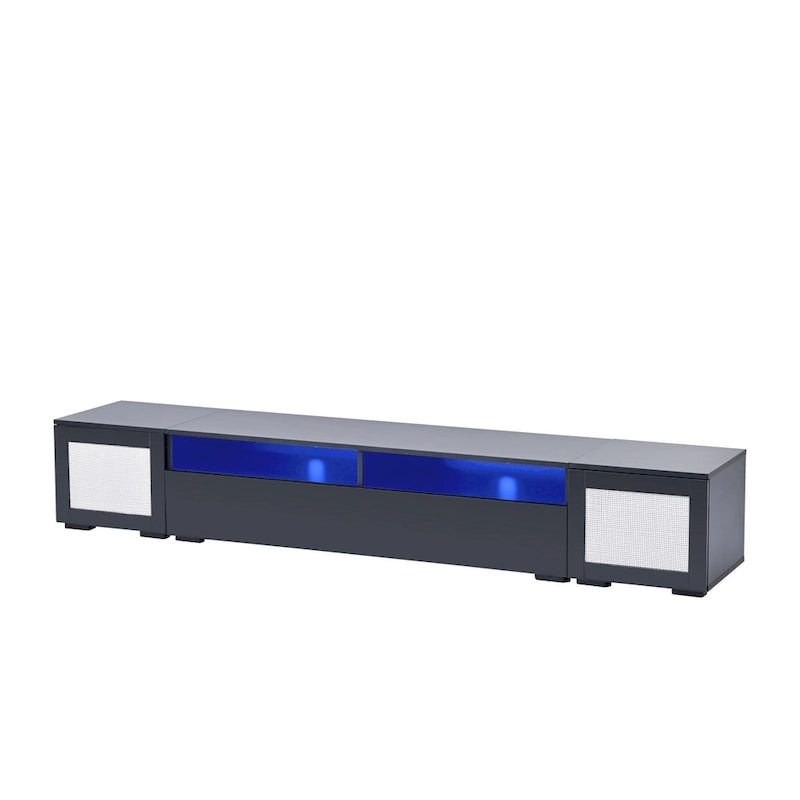 Meuble TV noir avec portes à ouverture par pression et éclairage LED
