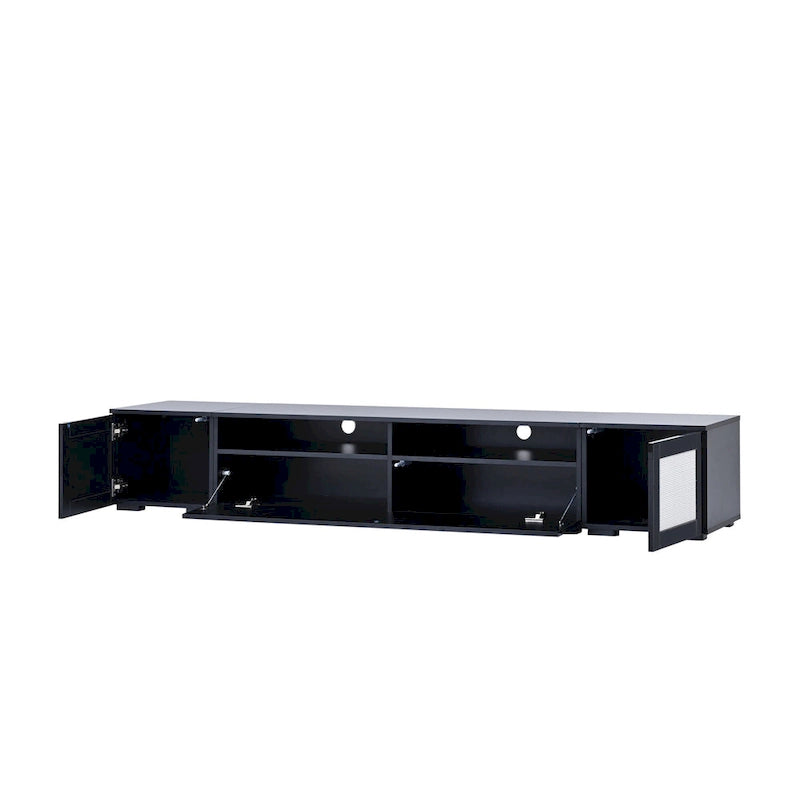 Meuble TV noir avec portes à ouverture par pression et éclairage LED