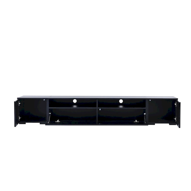 Meuble TV noir avec portes à ouverture par pression et éclairage LED