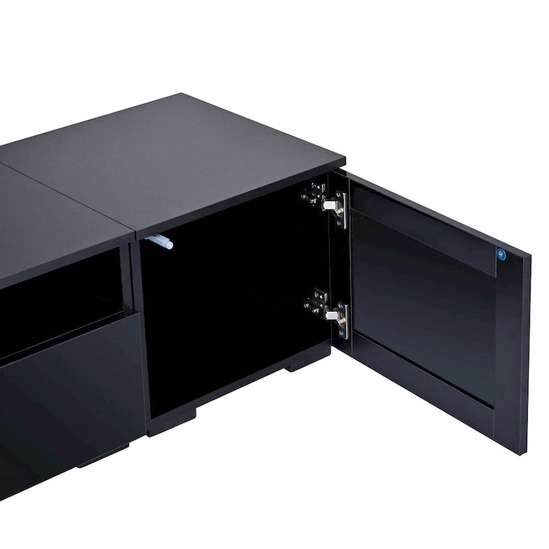 Meuble TV noir avec portes à ouverture par pression et éclairage LED