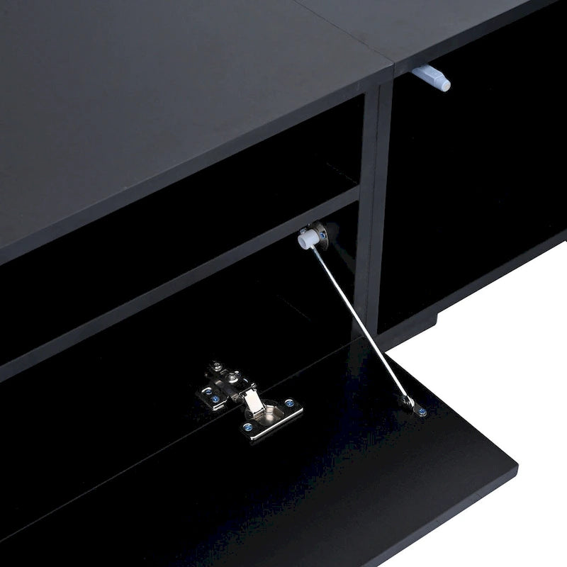 Meuble TV noir avec portes à ouverture par pression et éclairage LED