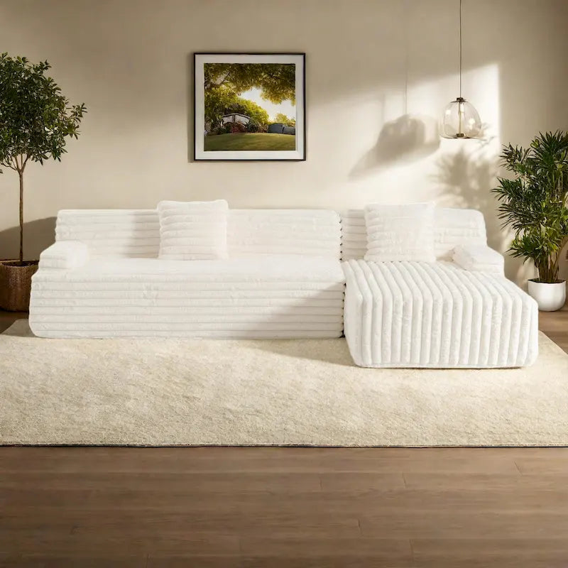 110 Faux Fur Cloud 3-Seater sat L-Shaped Sectional Sofa with Two Included Throw Pillows