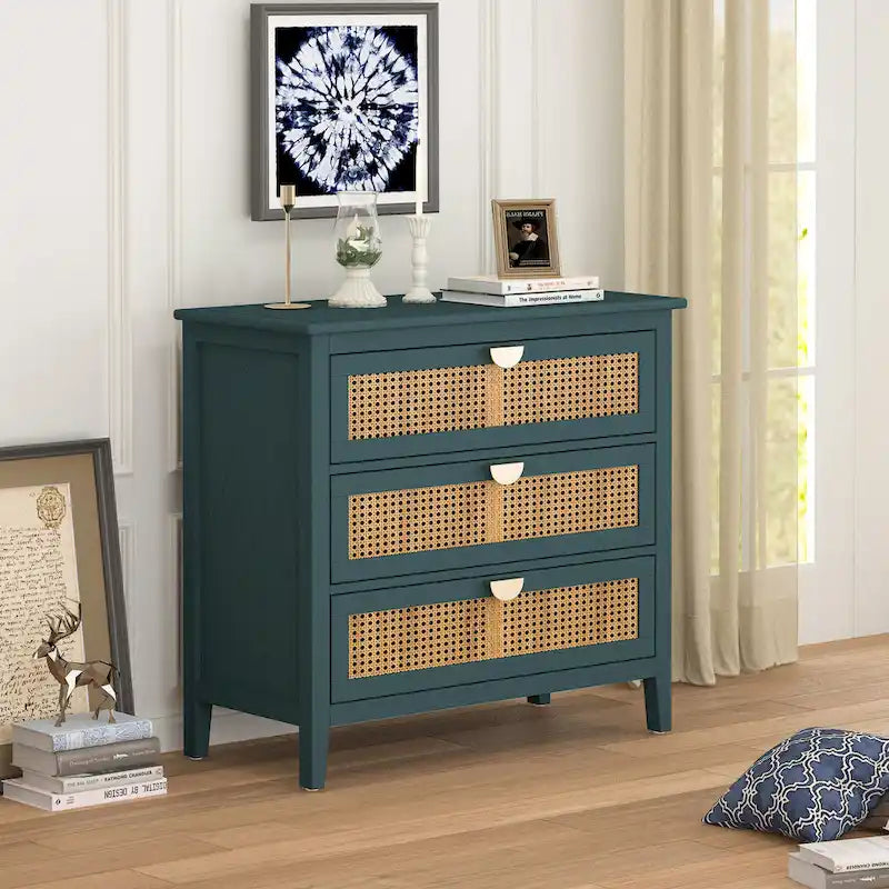Commode 3 tiroirs en rotin naturel sculpté ajouré