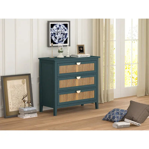 Commode 3 tiroirs en rotin naturel sculpté ajouré