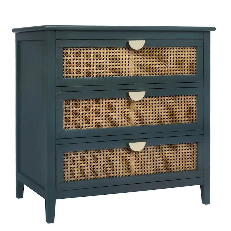 Commode 3 tiroirs en rotin naturel sculpté ajouré