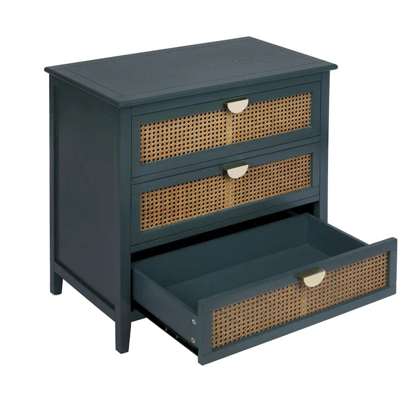 Commode 3 tiroirs en rotin naturel sculpté ajouré