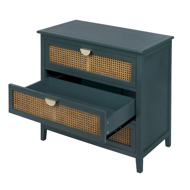 Commode 3 tiroirs en rotin naturel sculpté ajouré