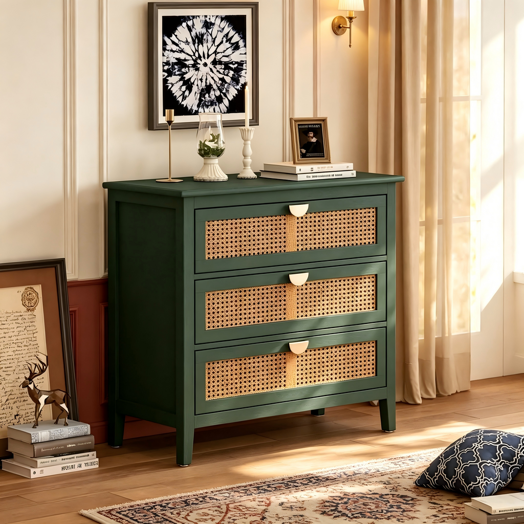 Commode 3 tiroirs en rotin naturel sculpté ajouré