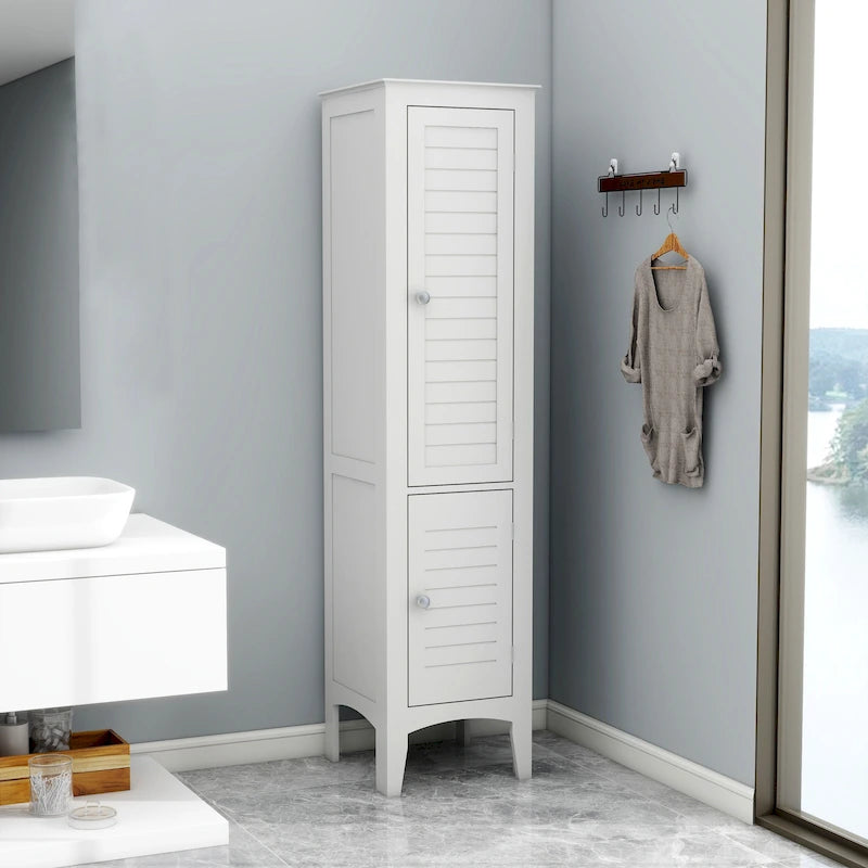 Meuble de salle de bain autoportant étroit à 5 niveaux avec 2 portes à persiennes