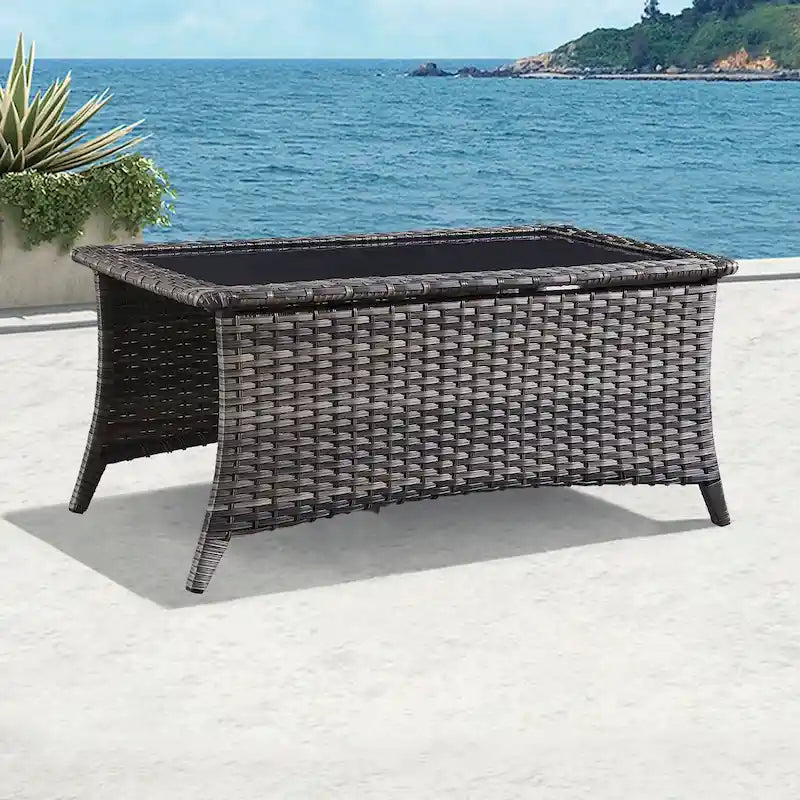 Table basse en osier d'extérieur, table d'appoint à plateau en verre