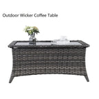 Table basse en osier d'extérieur, table d'appoint à plateau en verre