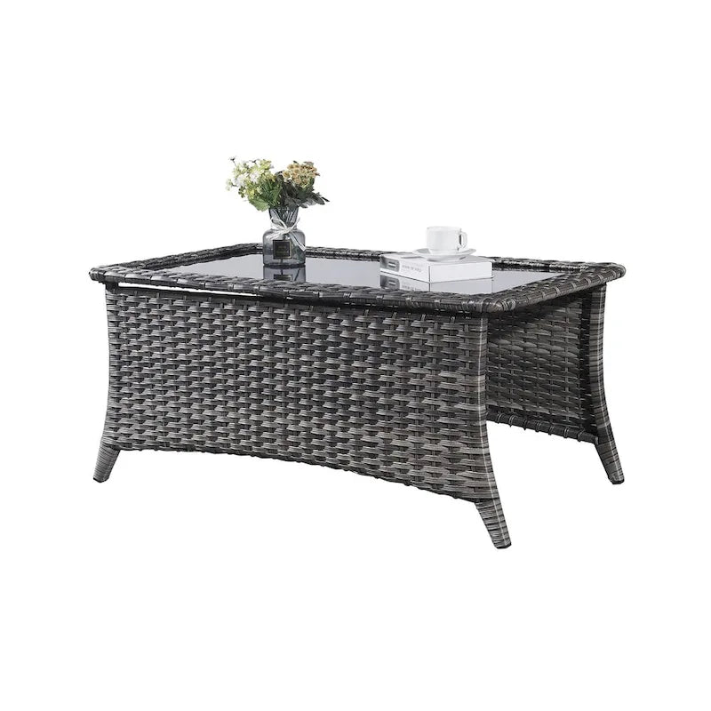 Table basse en osier d'extérieur, table d'appoint à plateau en verre