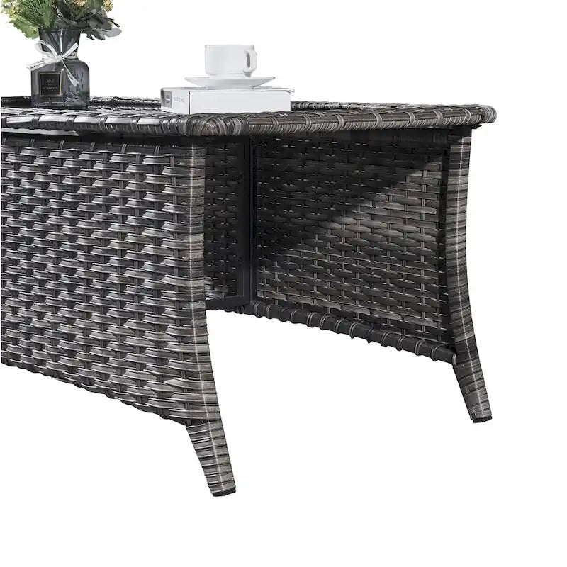 Table basse en osier d'extérieur, table d'appoint à plateau en verre