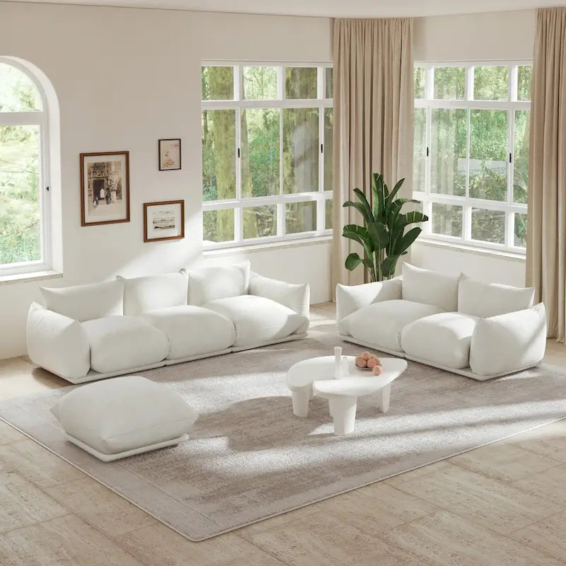 Canapé modulable en tissu chenille avec ottoman