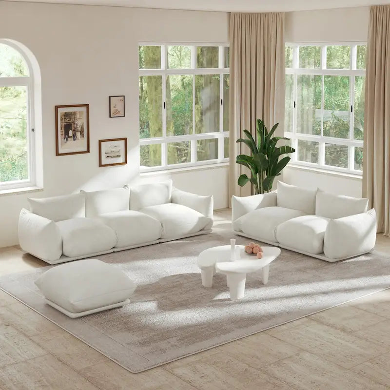 Canapé modulable en tissu chenille avec ottoman