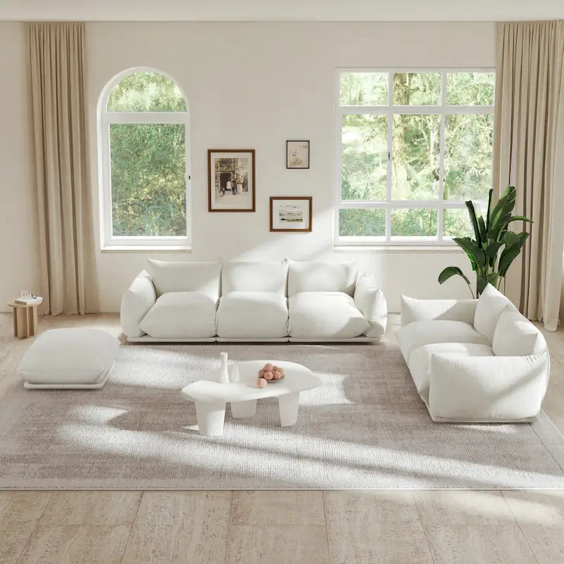 Canapé modulable en tissu chenille avec ottoman