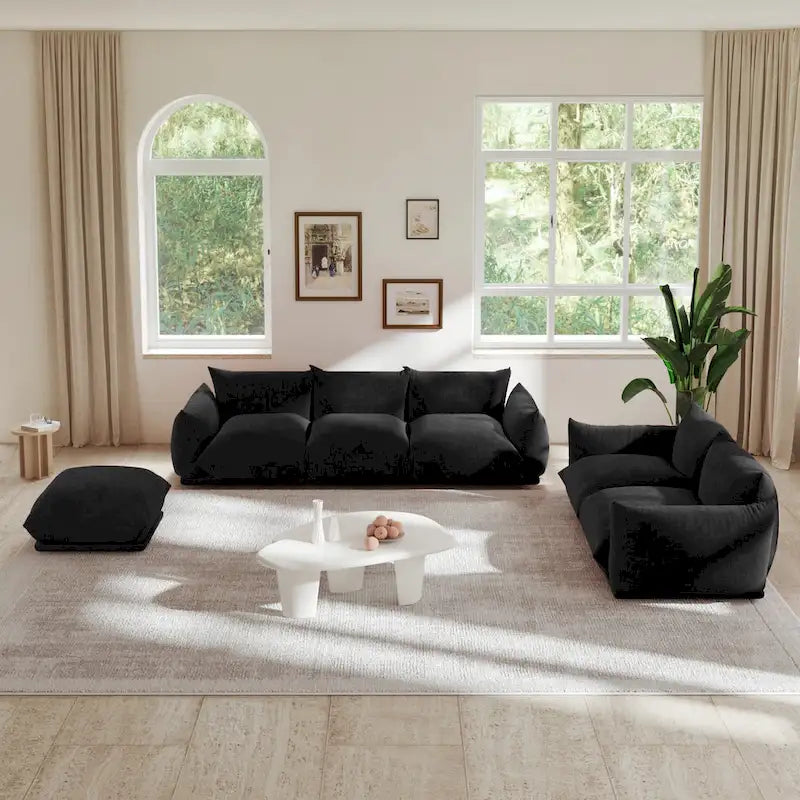 Canapé modulable en tissu chenille avec ottoman