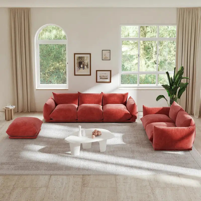 Canapé modulable en tissu chenille avec ottoman